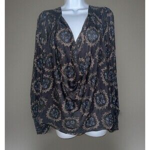FREE PEOPLE (M) Cowling Around Printed in Midnight Combo balloon Sleeve Blouse